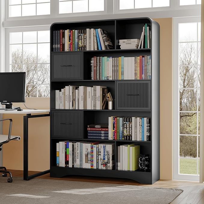 Bookshelf with Storage 3 Bins,70" Tall Bookcase,Arched 5-Tier Open Bookshelves