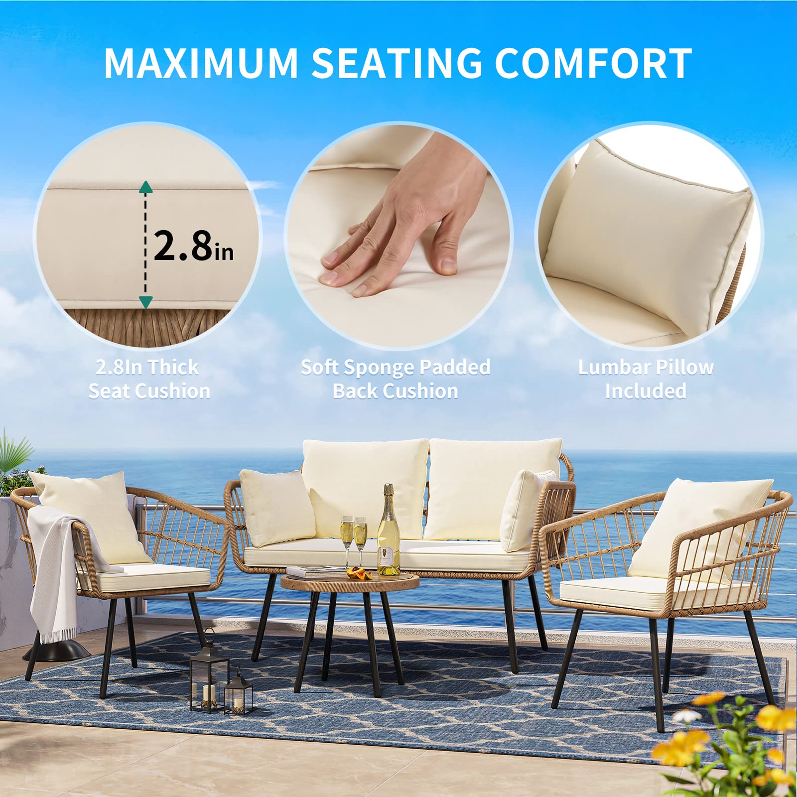 4 Pieces Patio Furniture Set, Wicker Balcony Bistro Set