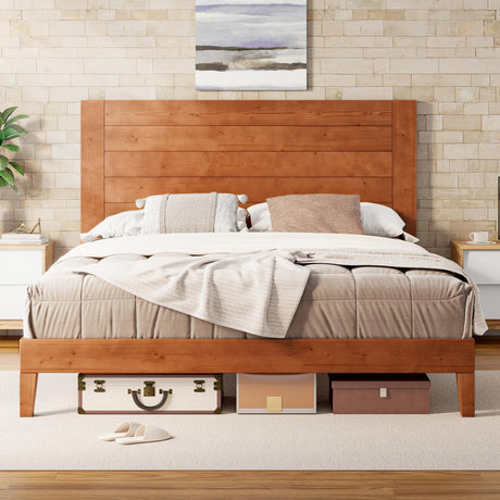 Solid Wood Bed Frame, Full Size Wooden Platform Bed with 48" Headboard, Mid-Century