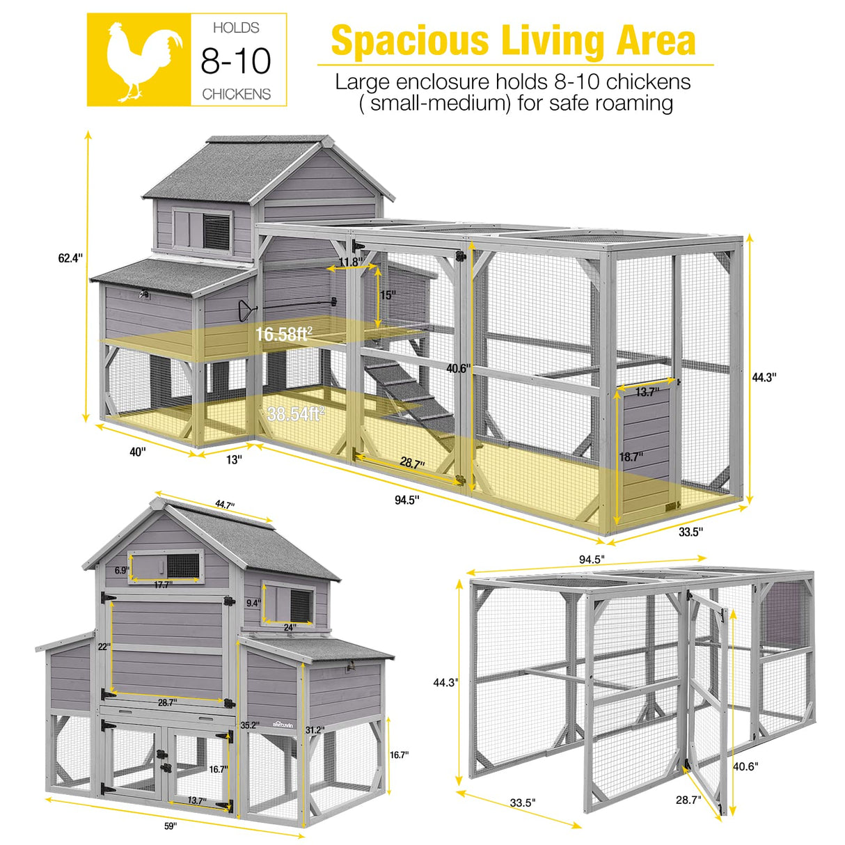 Chicken Coop Extra Large Chicken House for 8-10 Chickens, Outdoor Wooden