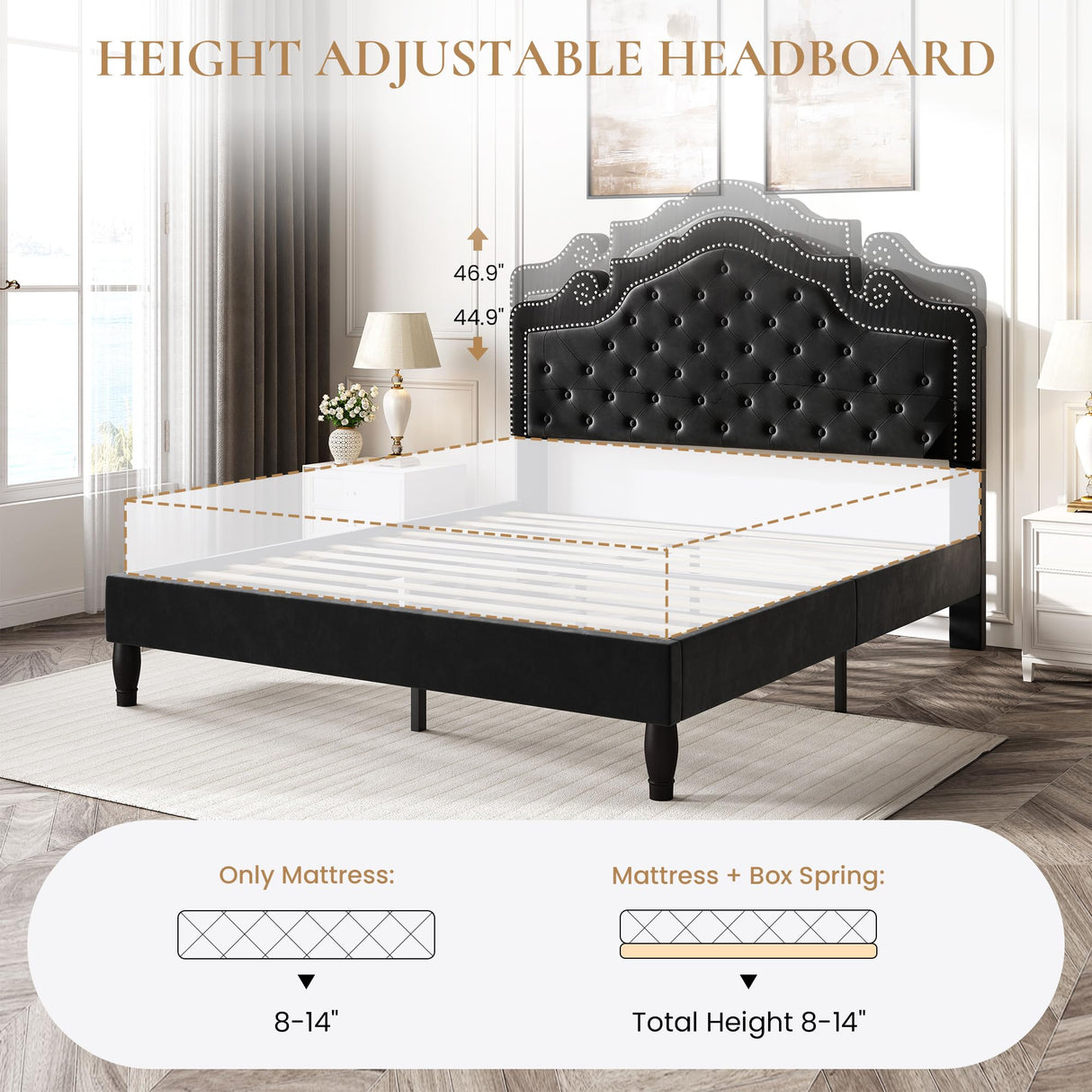 Queen Bed Frame with Adjustable Headboard