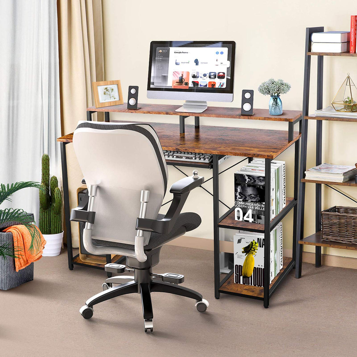 Computer Desk with Keyboard Tray and Shelf, Brown