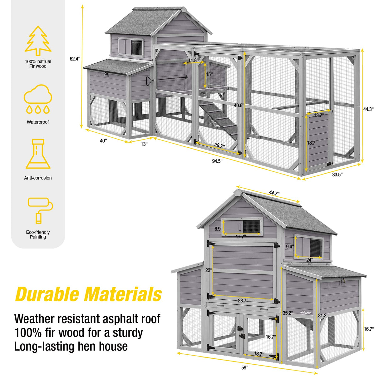 Extra Large 137in Chicken Coop for 8-10 Chickens,Outdoor Wooden Hen House