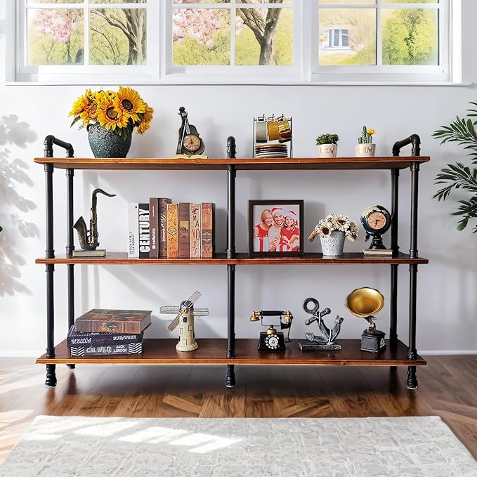 Industrial Bookshelves, Wood Pipe Bookshelf, 5 Shelf Rustic Display Storage Tall Standing