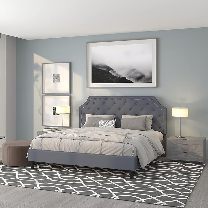 King Size Arched Tufted Upholstered Platform Bed in Beige Fabric