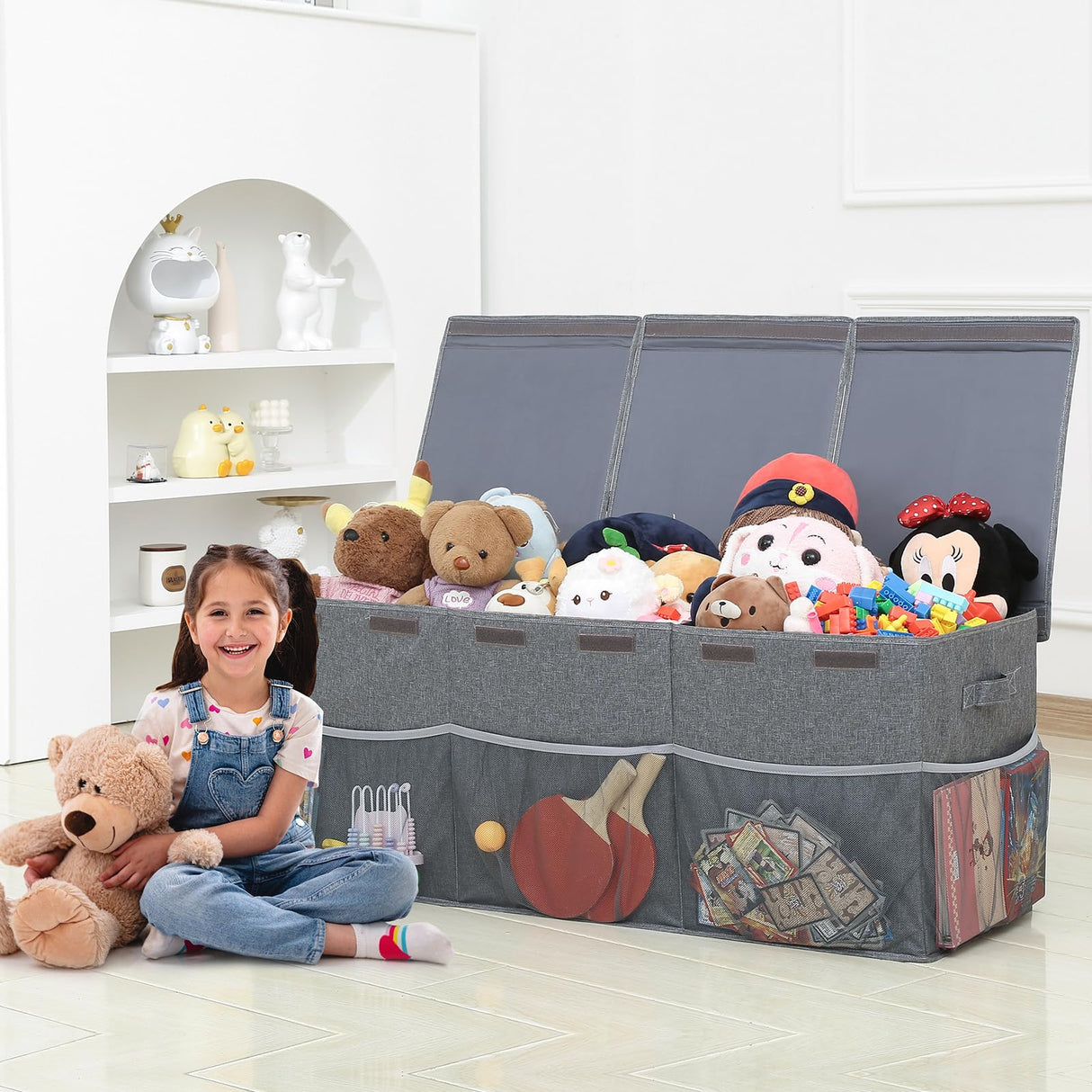 Large Toy Box Chest with Mesh Pockets, Kids Toy Storage Organizer Bakest Box, Foldable