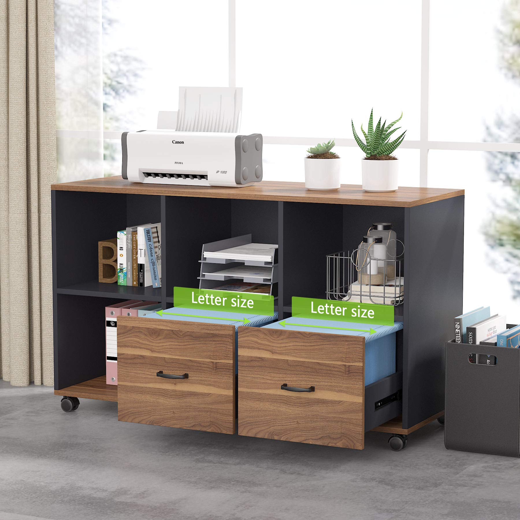 55 inches Executive Desk and 43" lateral File Cabinet, L-Shaped Computer Desk Home Office Furniture with Drawers and Storage Shelves, Office Table with Cabinet (Walnut, 55)