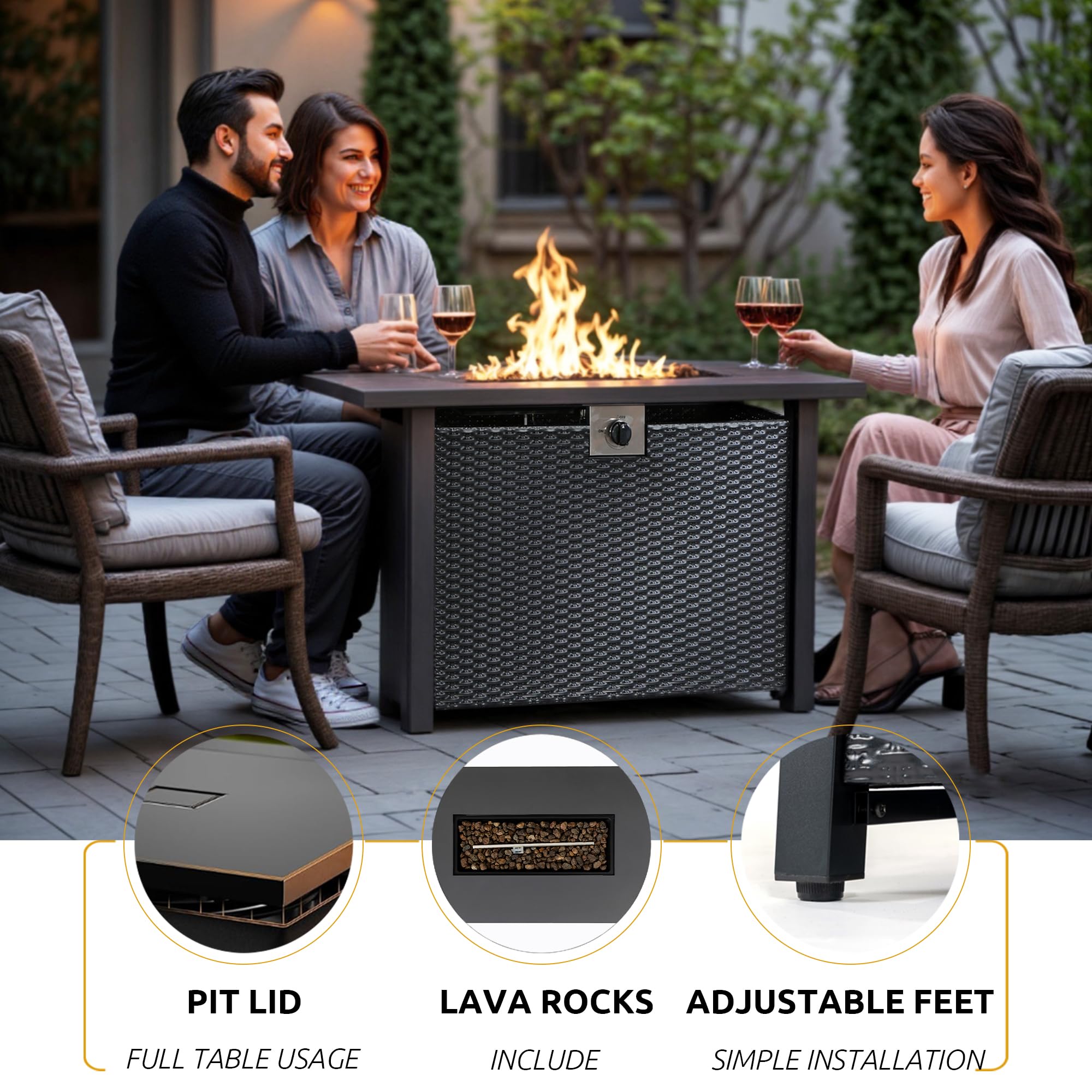 NIGOME Propane Fire Pit Table,Out Door Fire Pits & Fireplaces,Gas Fire Pit with Lid and Lava Rock.Square Black Fire Pit Table on Patio Deck & Garden Backyard. (Raven‌ Black, 43-inch)