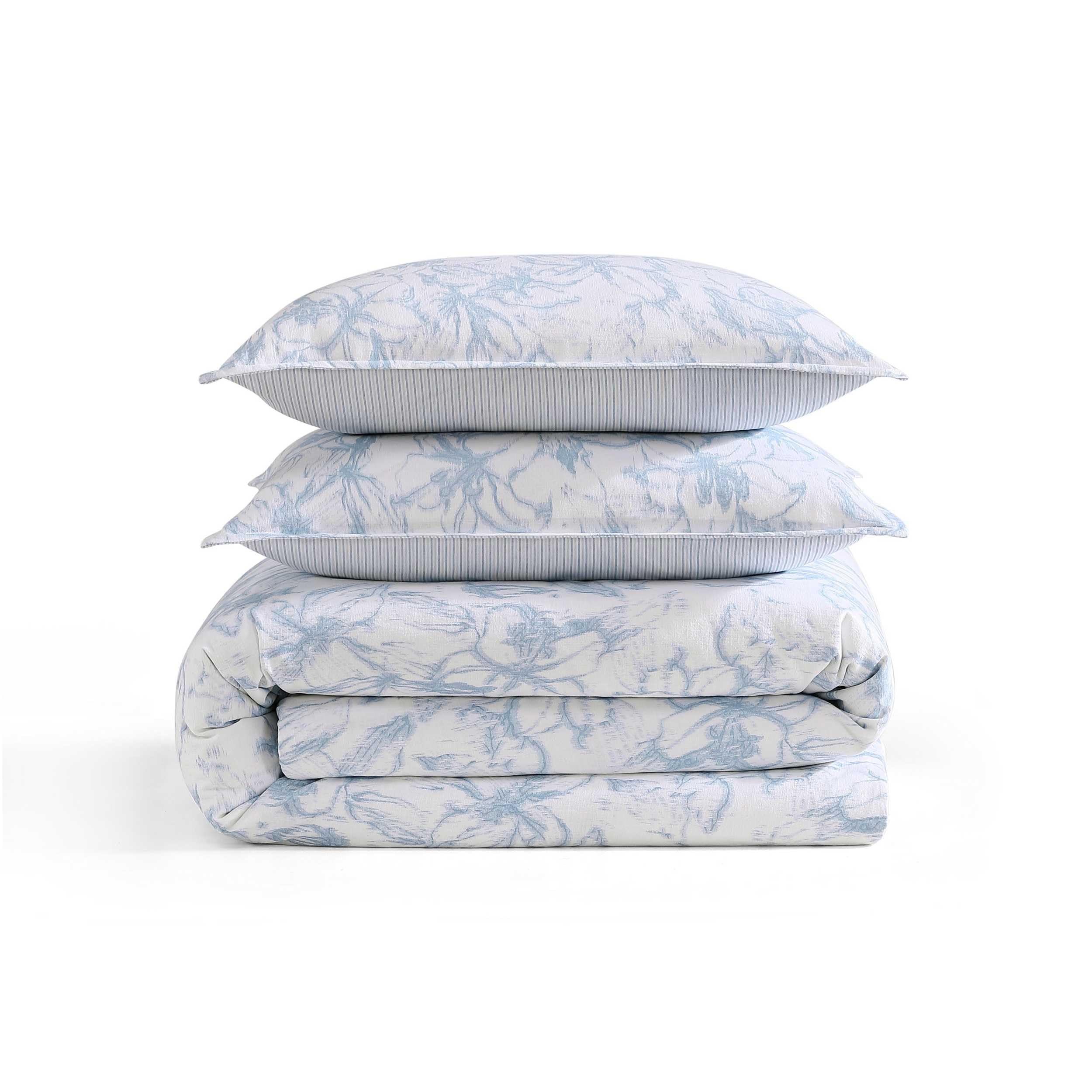 Ethereal Floral Blue Comforter Set - Soft Cotton Slub Bedding with Shams, Full/Queen