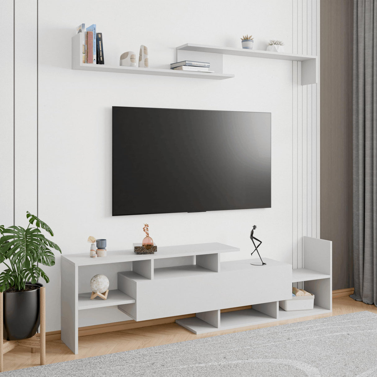 Surrey Mid-Century Modern TV Stand with MDF Shelves and Bookcase for Living Room