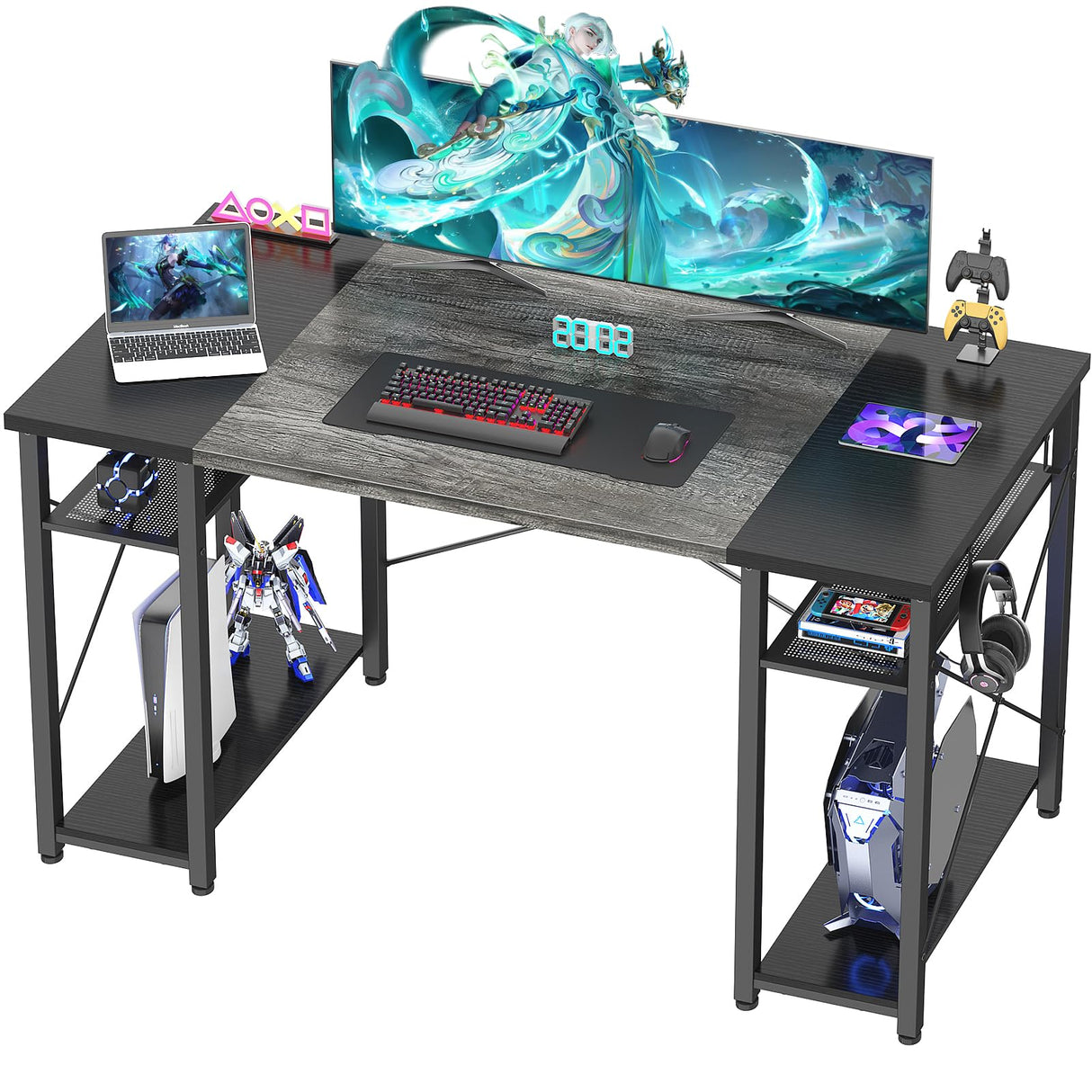 55.2 Inch Gaming Computer Desk, Large Office Desk with 4 Storage Shelves, 55.2'' Study