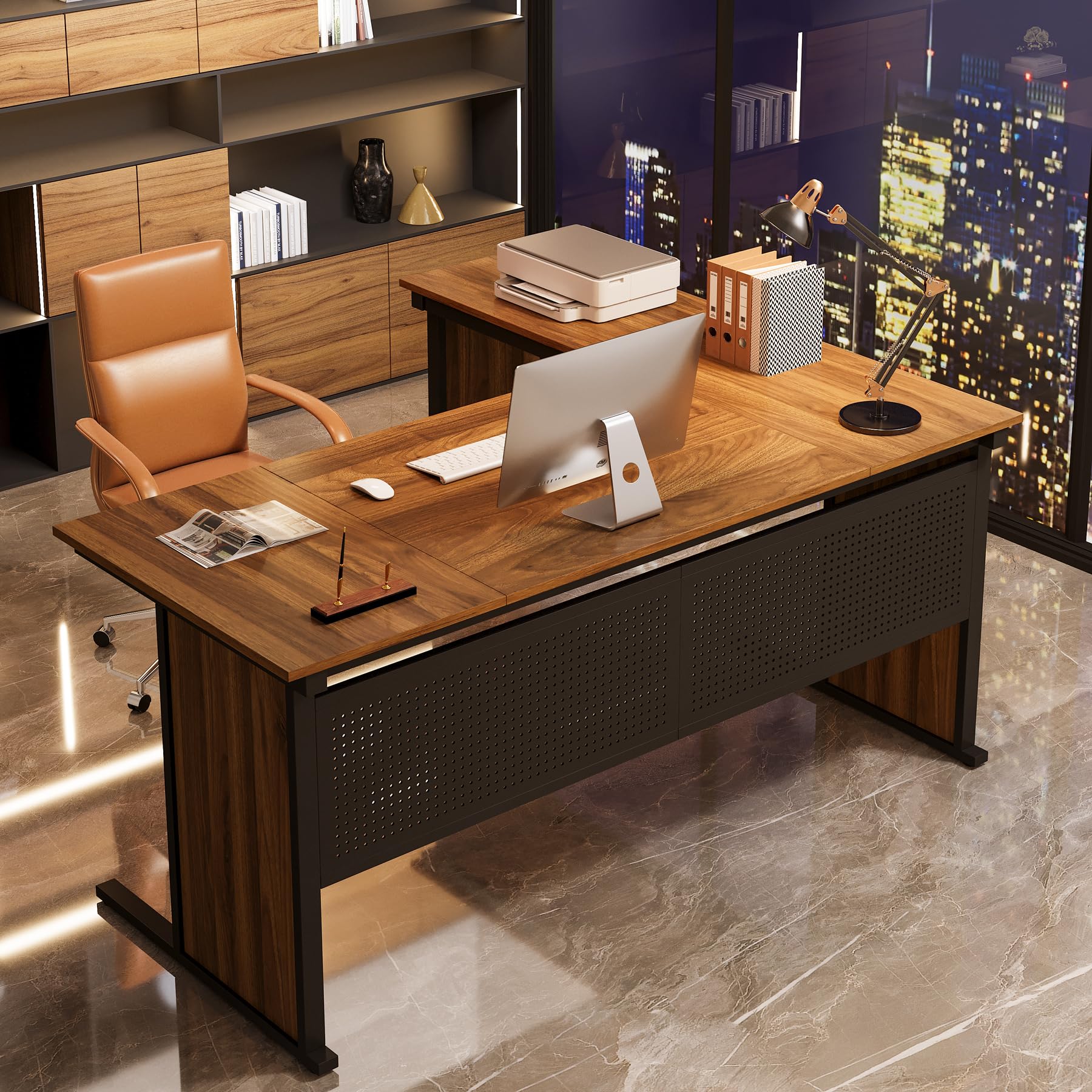 63" L-Shaped Executive Desk, Large Office Desk with Front Baffle, Modern Computer Desk Workstation Business Furniture for Home Office, Walnut & Black