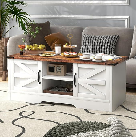 Coffee Table with Barn Doors,Farmhouse Center Table with Storage,Modern Rustic Style