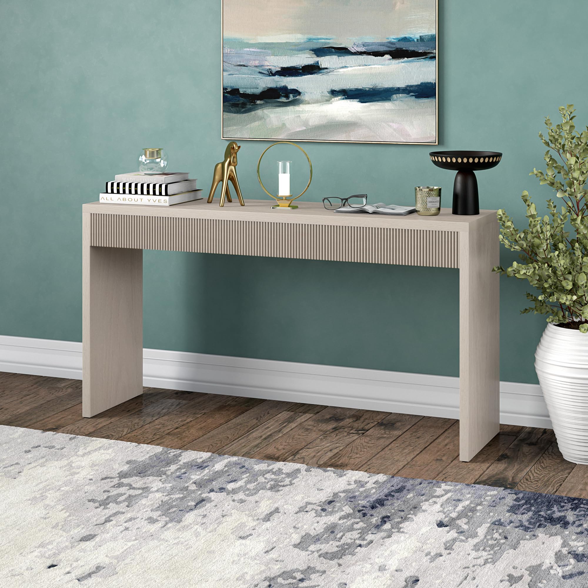 55" Wide Rectangular Console Table in Beech White, for Home