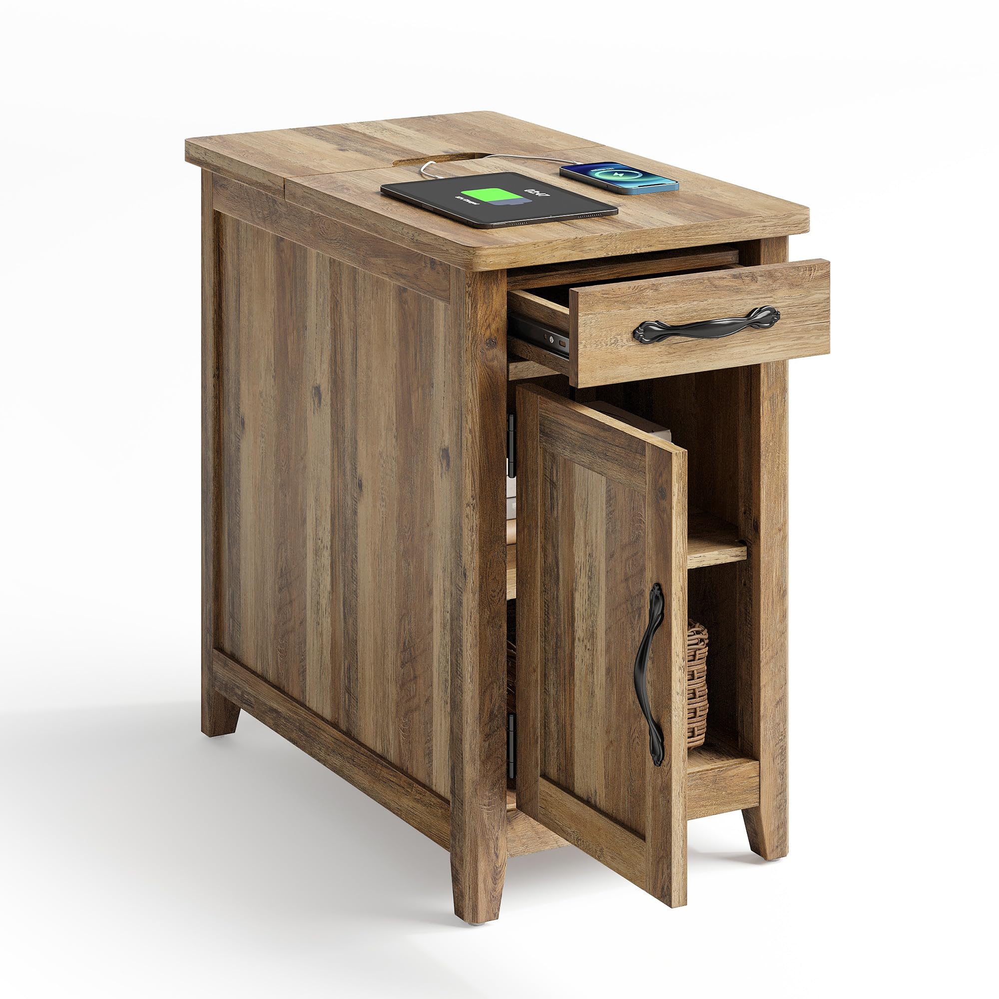 Farmhouse End Table with Charging Station, Narrow Side Table for Living Room