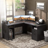 L Shaped Office Desk with Drawer, 60 Inch Computer Desk with Power