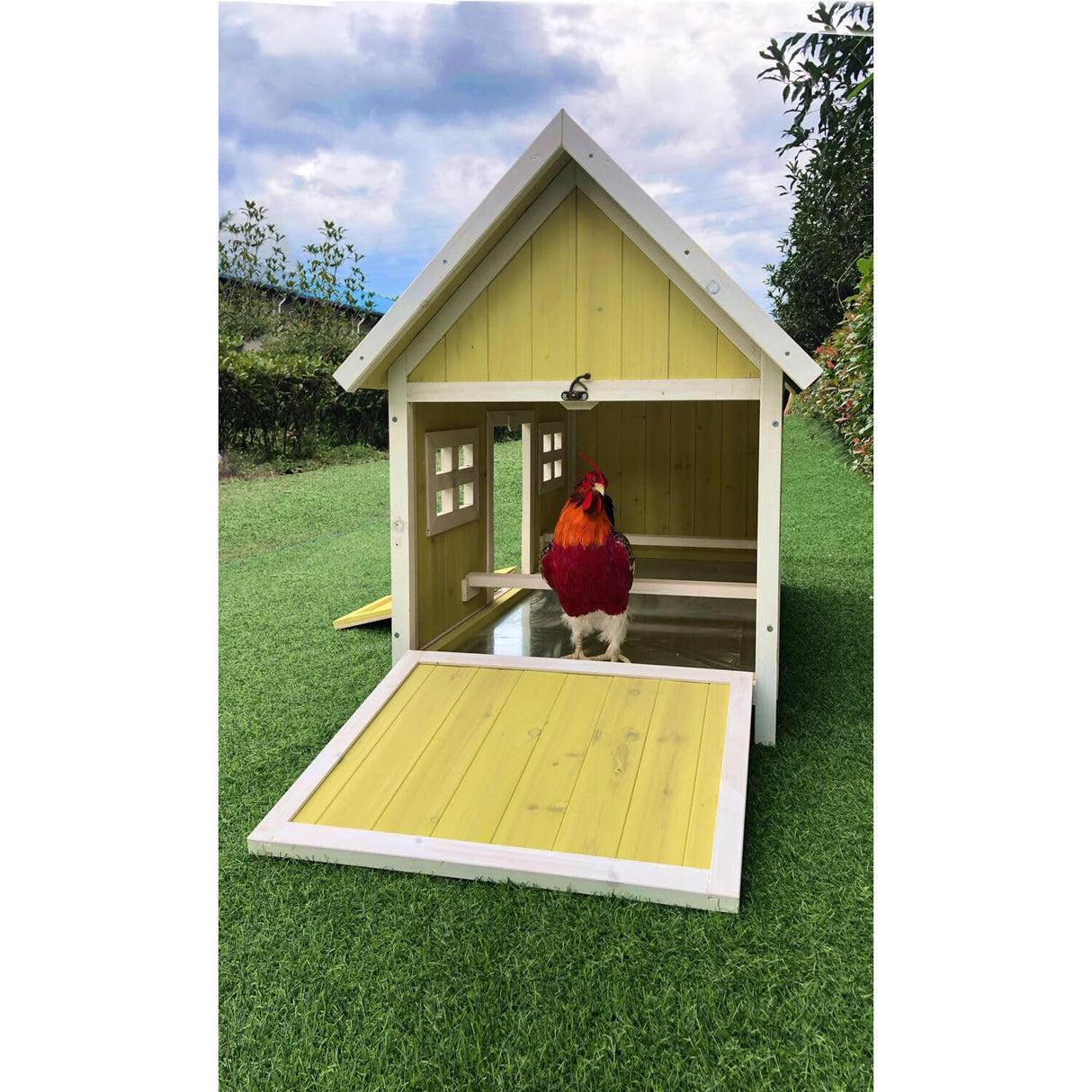 Outdoor Wooden Chicken Coop with Ramp, Large Wire Mesh Chicken Run