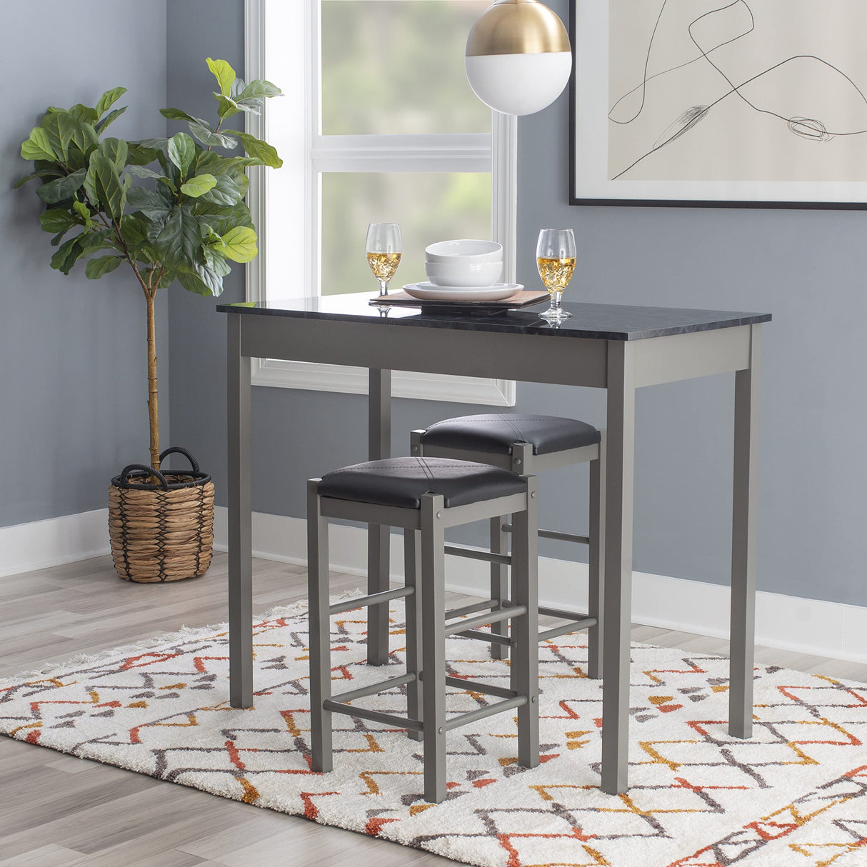 Faux Marble Three Piece Tavern Set, Grey and Black