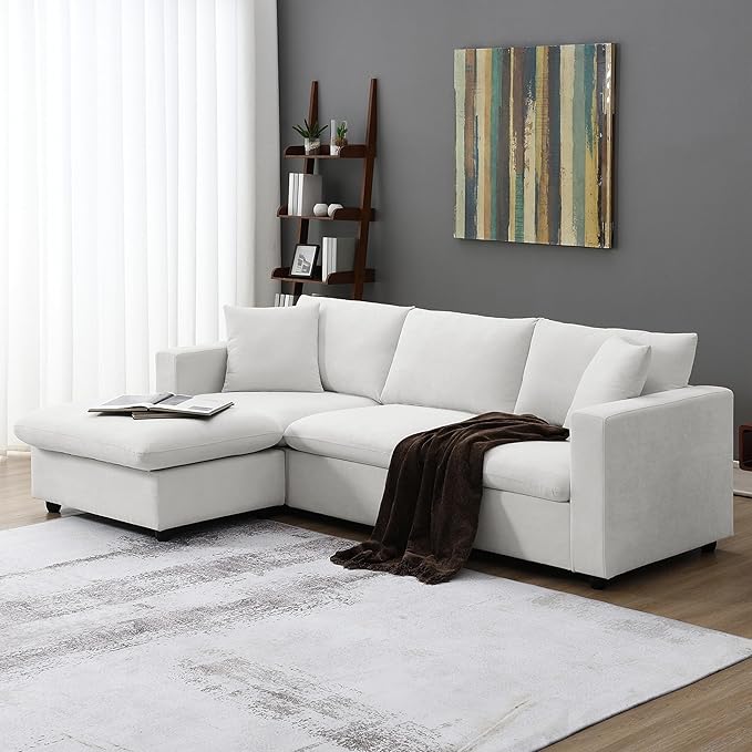 L-Shape Reversible Modular Sectional Sofa Couch,Cushions 4 Seaters Convertible Sofa&Couch Corner Leisure Cloud Sofá with Movable Ottoman & 2 Pillows for Living Room, 101", White-9023