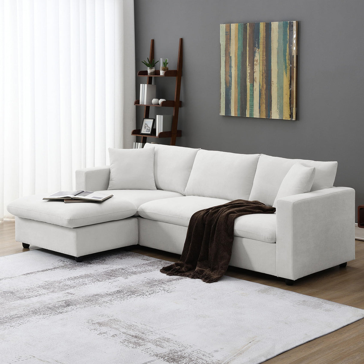 ERYE L-Shape Reversible Modular Sectional Sofa Couch,Cushions 4 Seaters Convertible Sofa&Couch Corner Leisure Cloud Sofá with Movable Ottoman & 2 Pillows for Living Room, 101", White-9023