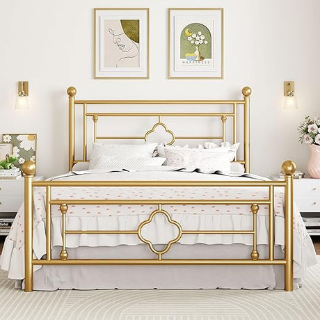 14 Inches Queen Size Metal Platform Bed Frame/Vintage Iron-Art Headboard and Footboard