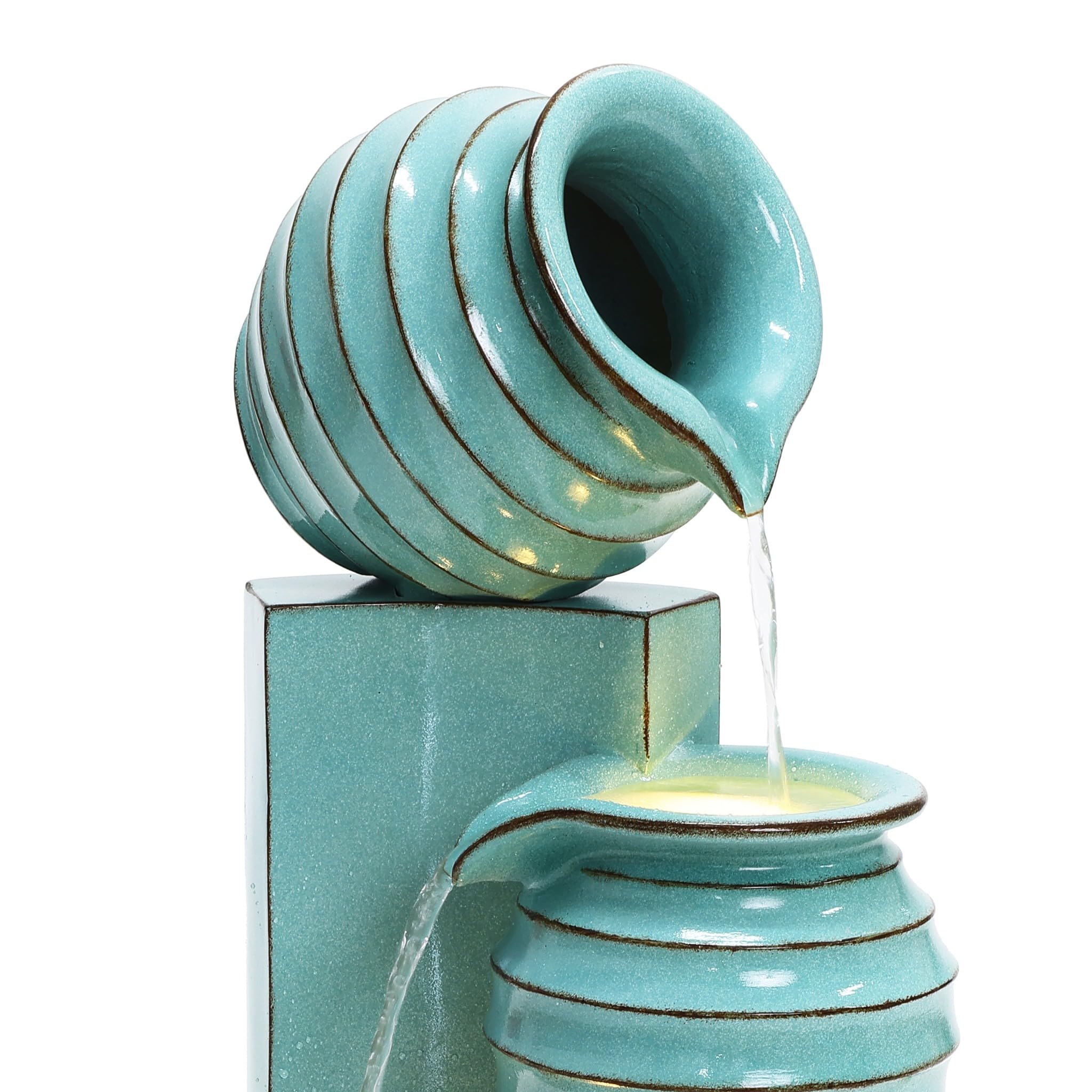 30" Tall Aqua Blue Outdoor Water Fountain with LED Lights, Cascading Resin Garden
