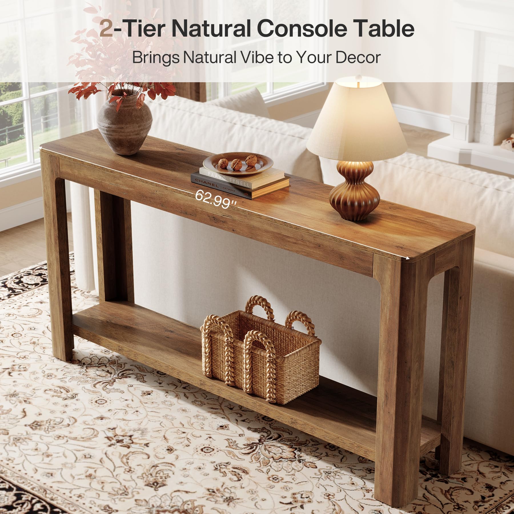 63" Farmhouse Console Table - 2-Tier Entryway Sofa Table, Rustic Brown