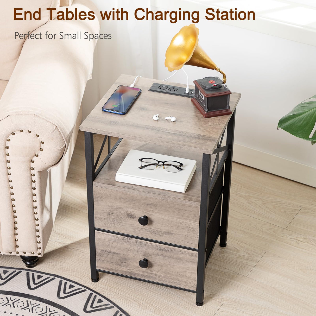 Night Stand Set 2, Nightstand with Charging Station, End Tables Living Room