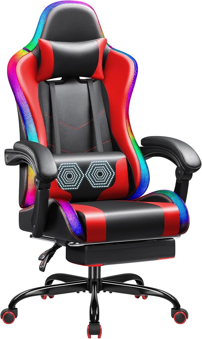 Gaming Chair with LED RGB Lights, Footrest and Massage Lumbar Support