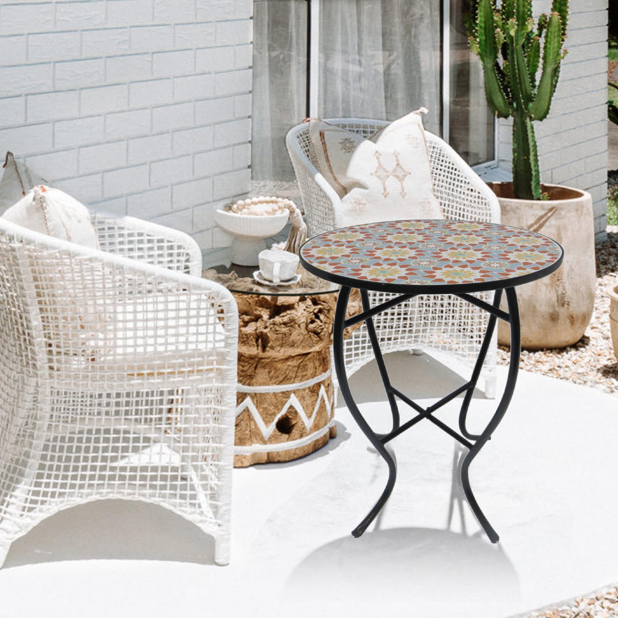 Outdoor Side Table Mosaic 14 Inch Round Accent Table Plant Stand with Concrete Tile Top