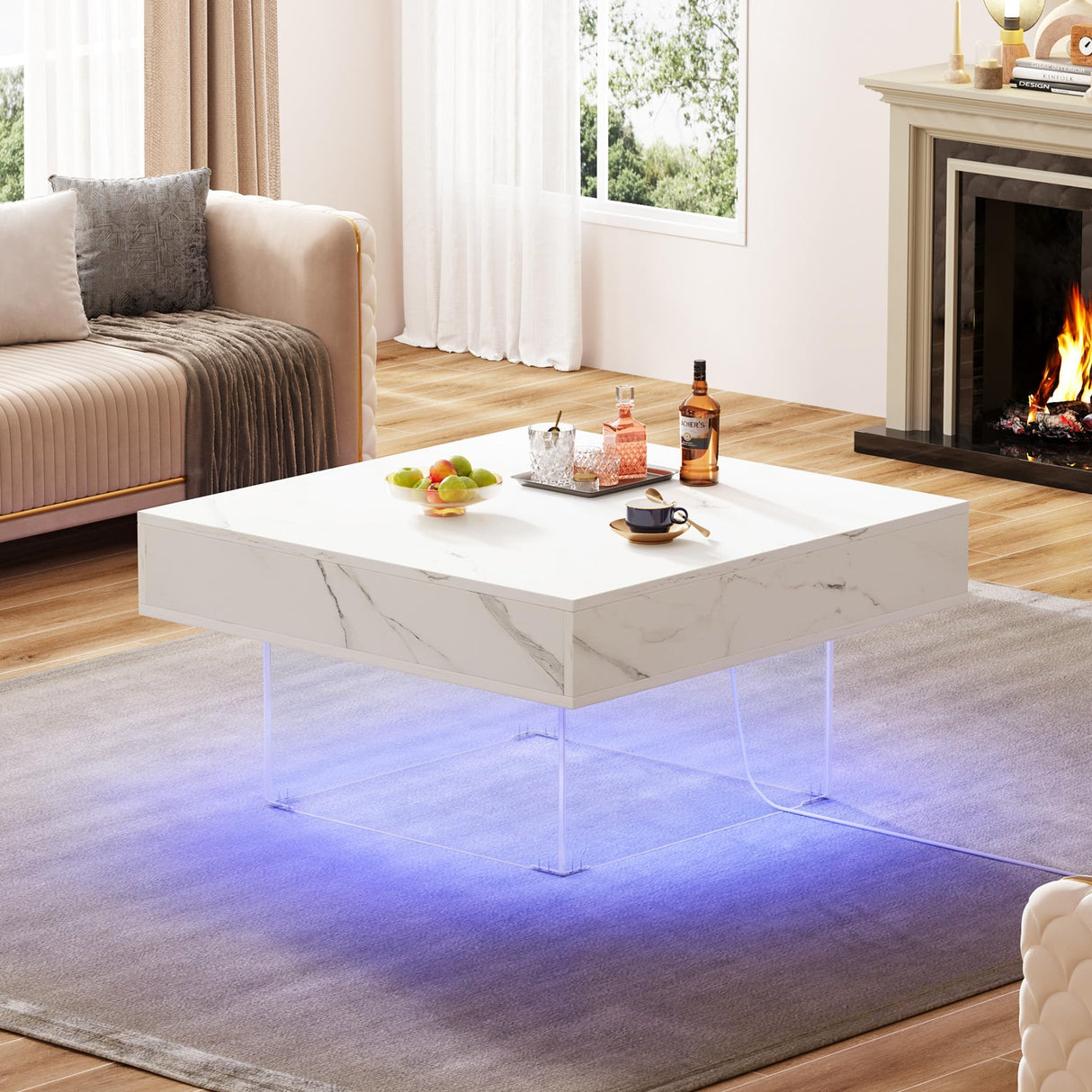 Square LED Coffee Table: Faux Marble White Coffee Table for Living Room