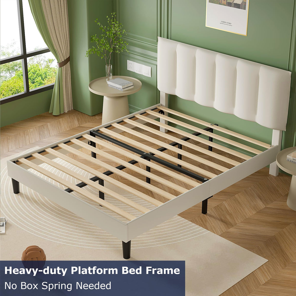 Queen Bed Frame with Upholstered Headboard, Heavy-duty Platform Bedframe