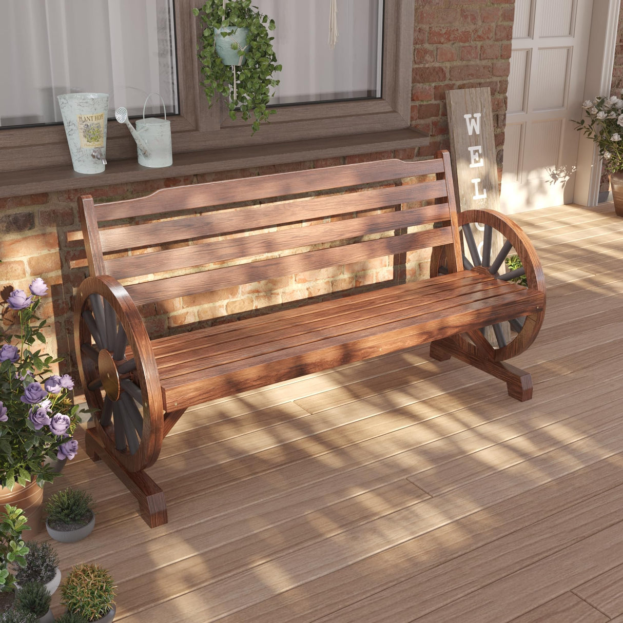 Outdoor Bench, 55 Inch Patio Bench, Rustic Wooden Wheel Bench, Wagon Slatted Seat