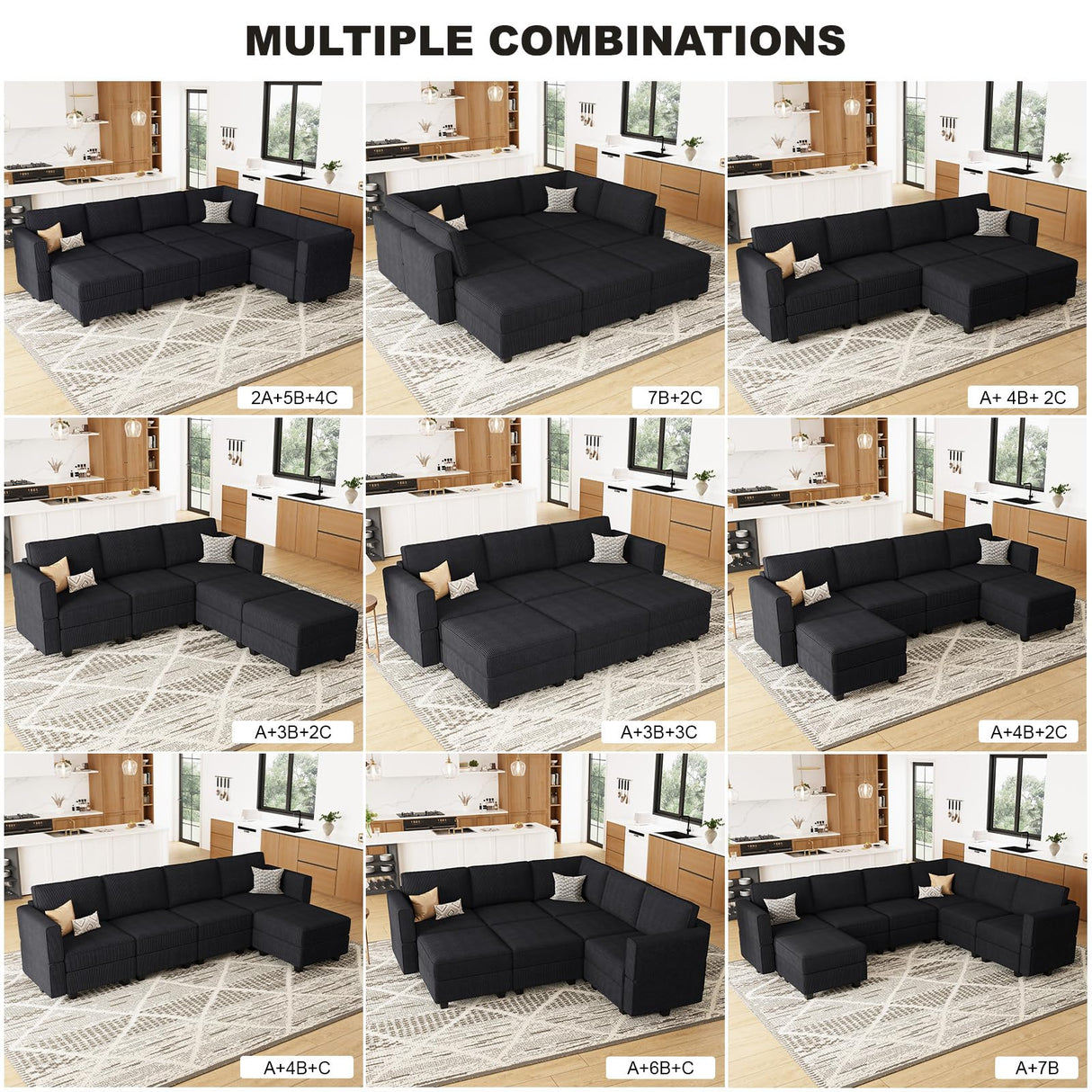 Belffin Modular Sectional Sofa Modern U Shaped Sectional Couch with Storage Seat Modular Couch Corduroy (Black, U Shape Sofa-1)