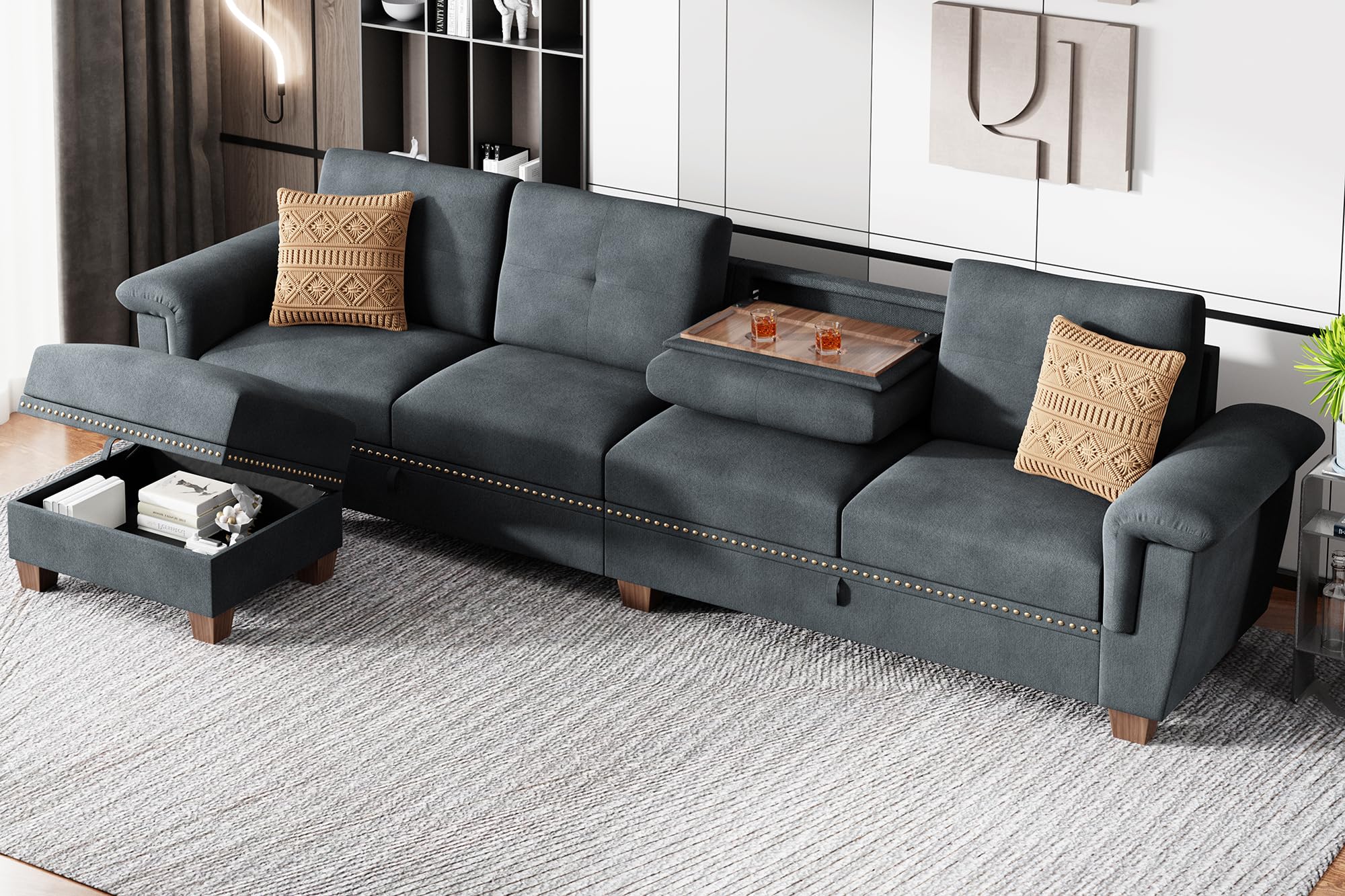 Jamfly 107" Convertible L-Shaped Sectional Sofa with Storage & Cup Holders