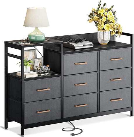 Dresser with Charging Station, 52-Inch Long Dresser for Bedroom with 8 Storage Drawers,