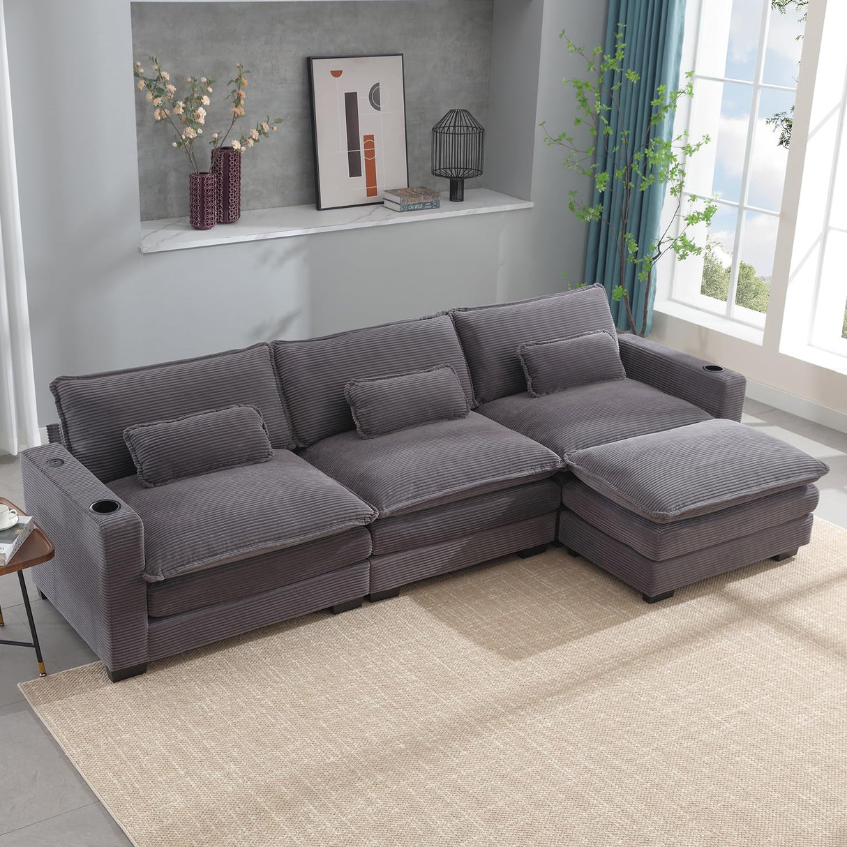 Corduroy Cloud Sectional Couch, Modern Comfy Modular L-Shaped Sectional Sofa