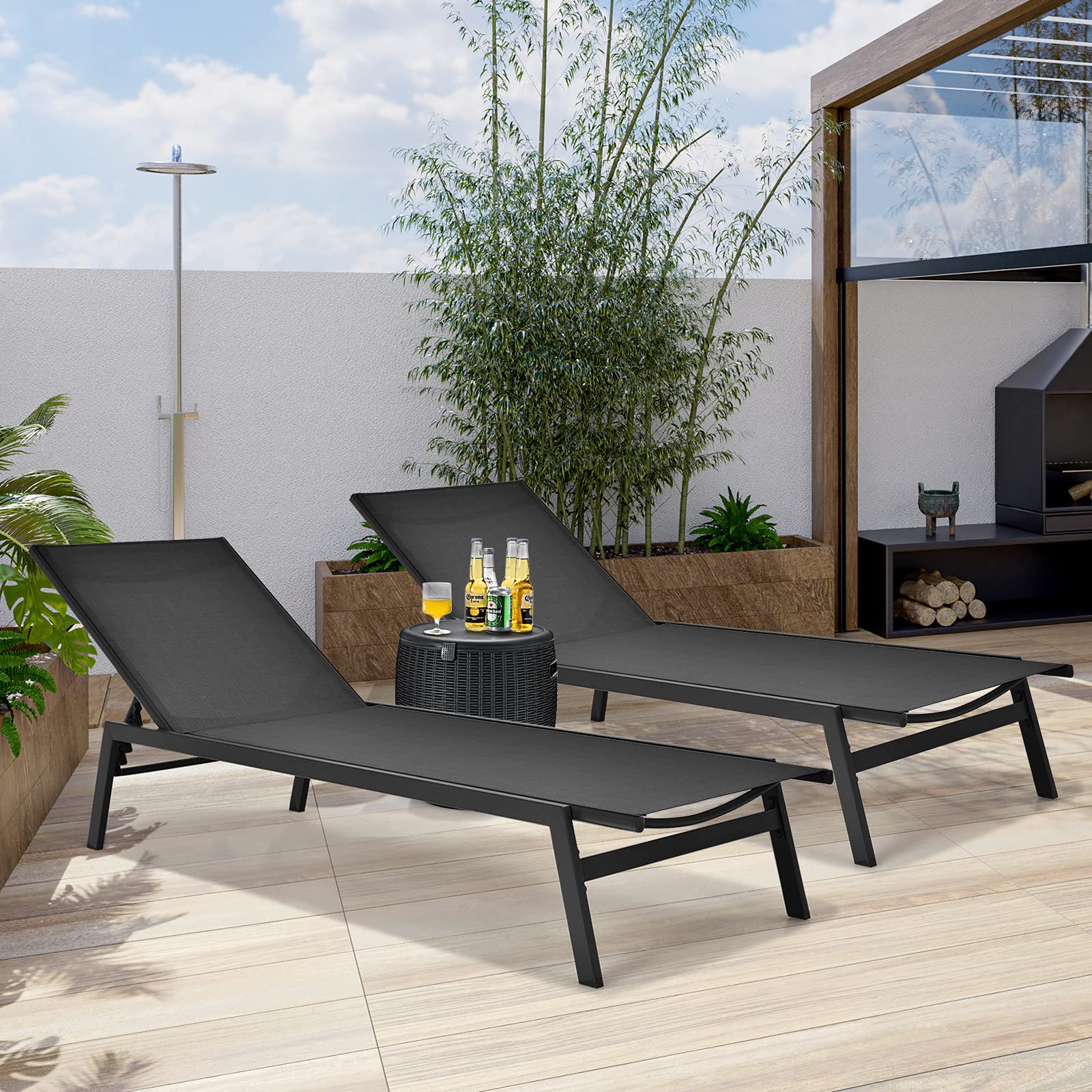 Outdoor Chaise Lounge Chair, 6-Position Adjustable Reclining Chair with Breathable