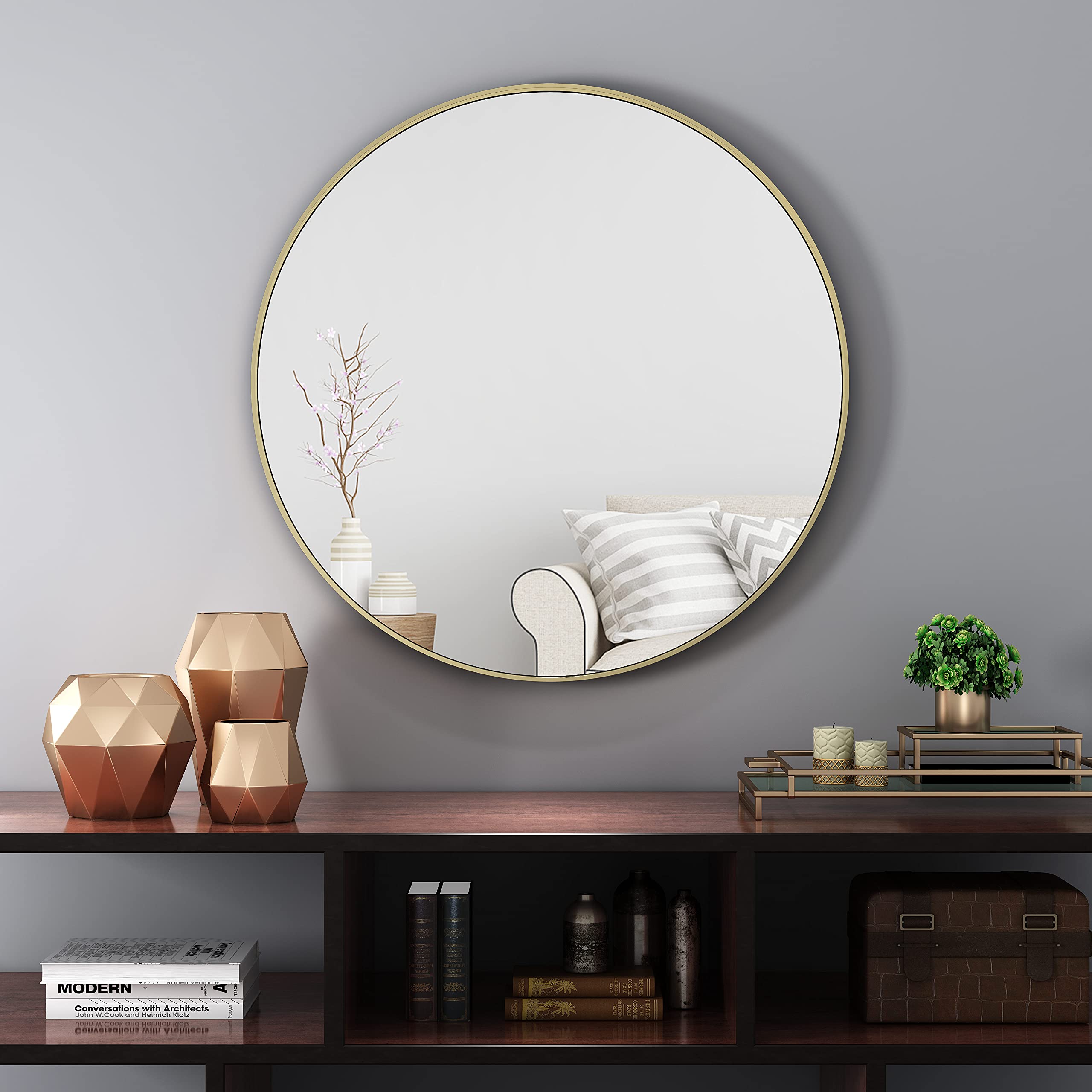 Frame Wall Mirror - 32 Inch Bathroom Decorative Wall Mounted Round Mirrors, Gold Vanity