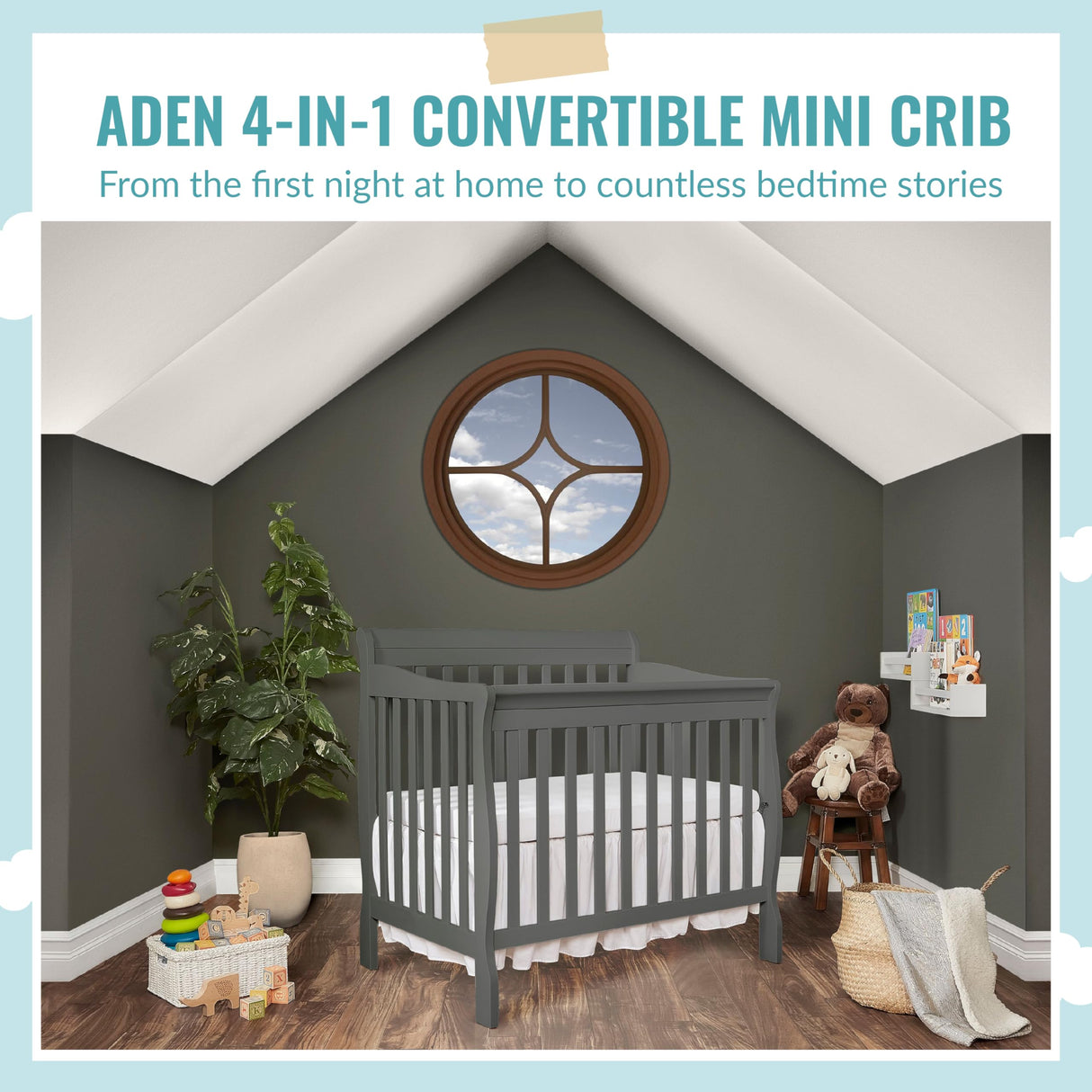 Dream On Me Aden 4-in-1 Convertible Mini Crib In Steel Grey, Greenguard Gold Certified, Non-Toxic Finish, New Zealand Pinewood, With 3 Mattress Height Settings