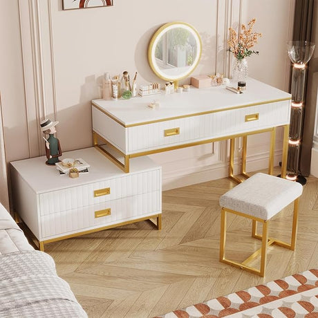 Modern Vanity Desk with Mirror and Lights, 31.57" Makeup Vanity with 2 Storage Drawers and Cabinet