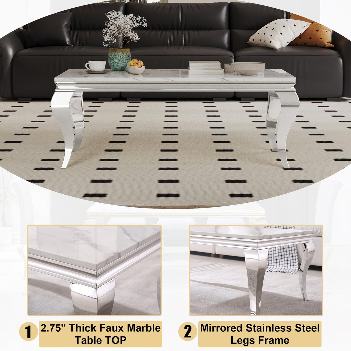 47" Marble Coffee Table, Modern Faux White Marble Coffee Table with Stainless Steel Legs