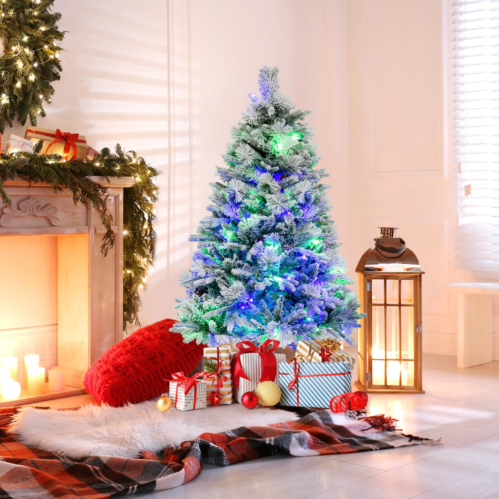 4.5ft Pre-Lit Snow Flocked Christmas Tree, Artificial Hinged Xmas Tree
