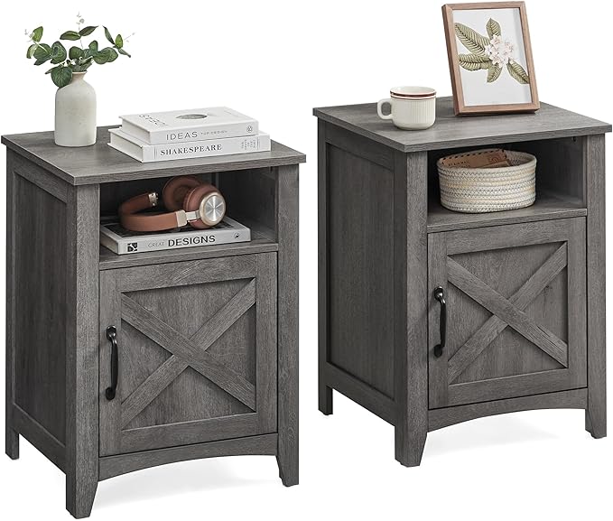 Farmhouse Nightstand with Barn Door, Set of 1/2, Bedside Table with Storage