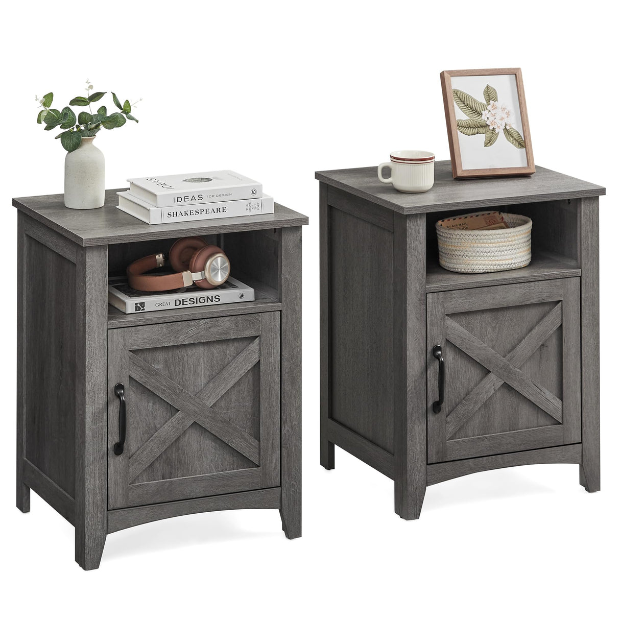 Farmhouse Nightstand with Barn Door, Set of 1/2, Bedside Table with Storage