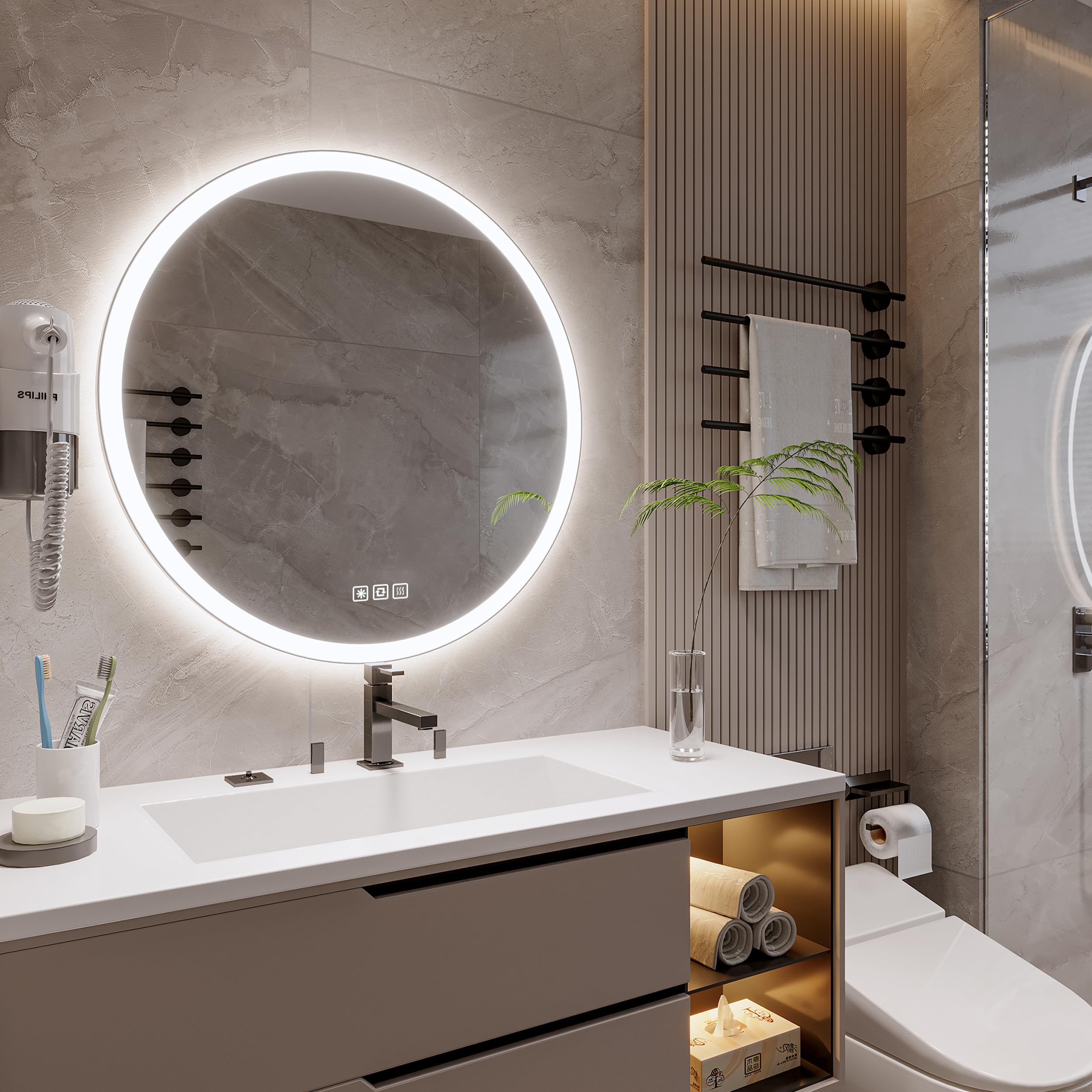 20-Inch Round LED Bathroom Mirror with Anti-Fog & Dimmable Lighting