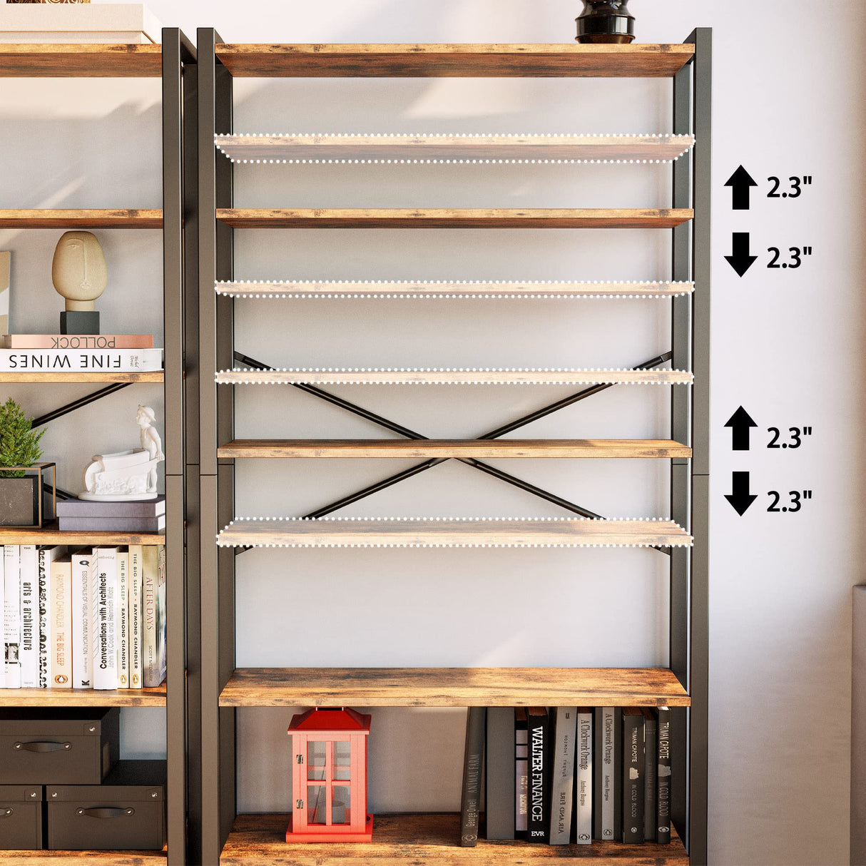 Bookshelf and Bookcase with Adjustable 5 Shelves, 70" H x 31.5" W Wide Bookshelves