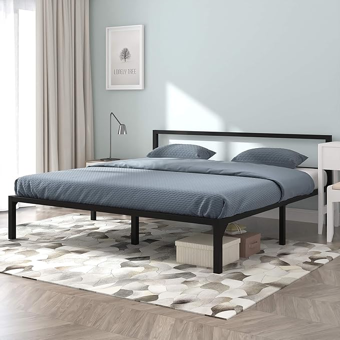 Twin Size Metal Bed Frame with Headboard, 14 Inch Wooden Slat Platform Bed