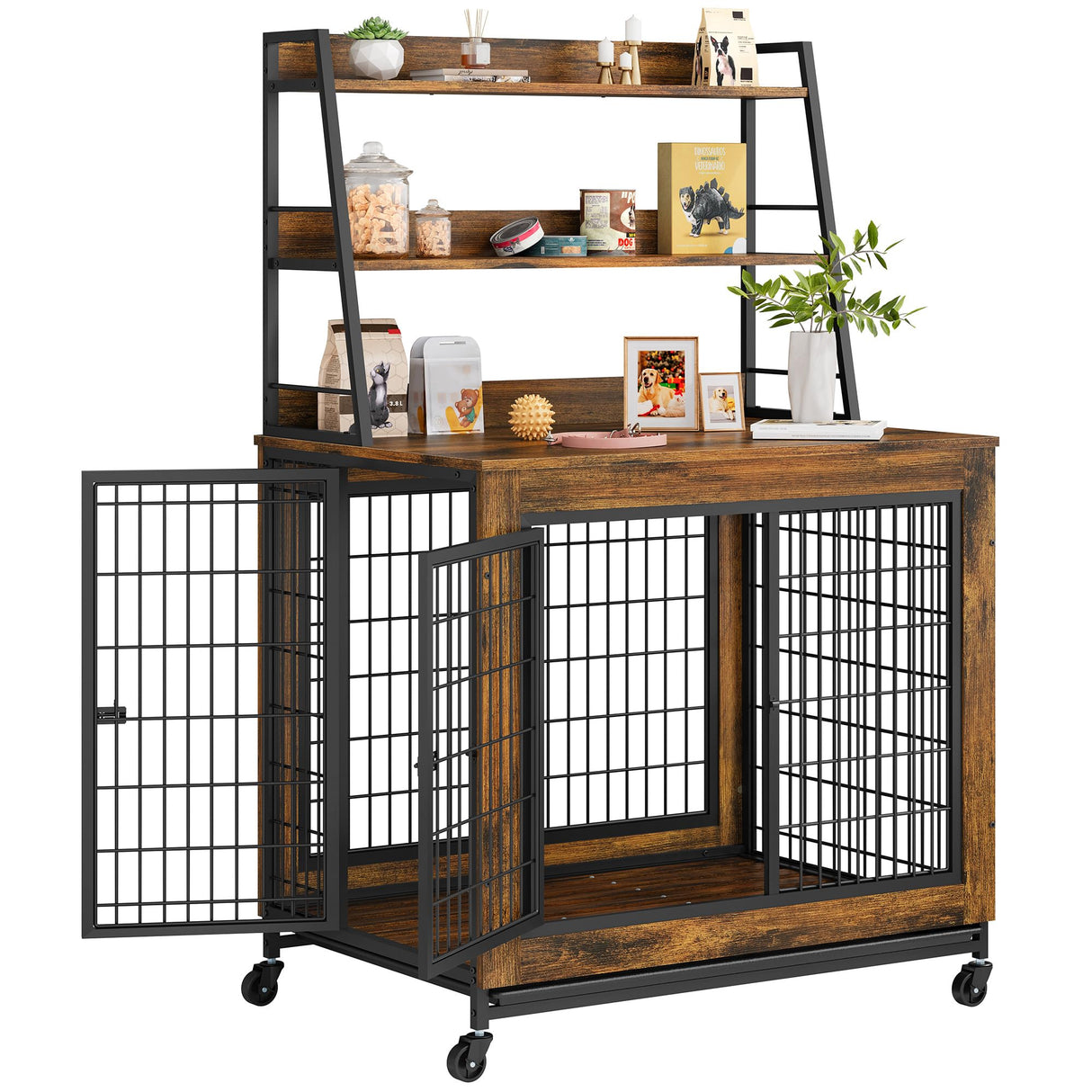 Large Dog Crate Furniture with Storage Shelves - 38" Wooden Pet Kennel End Table