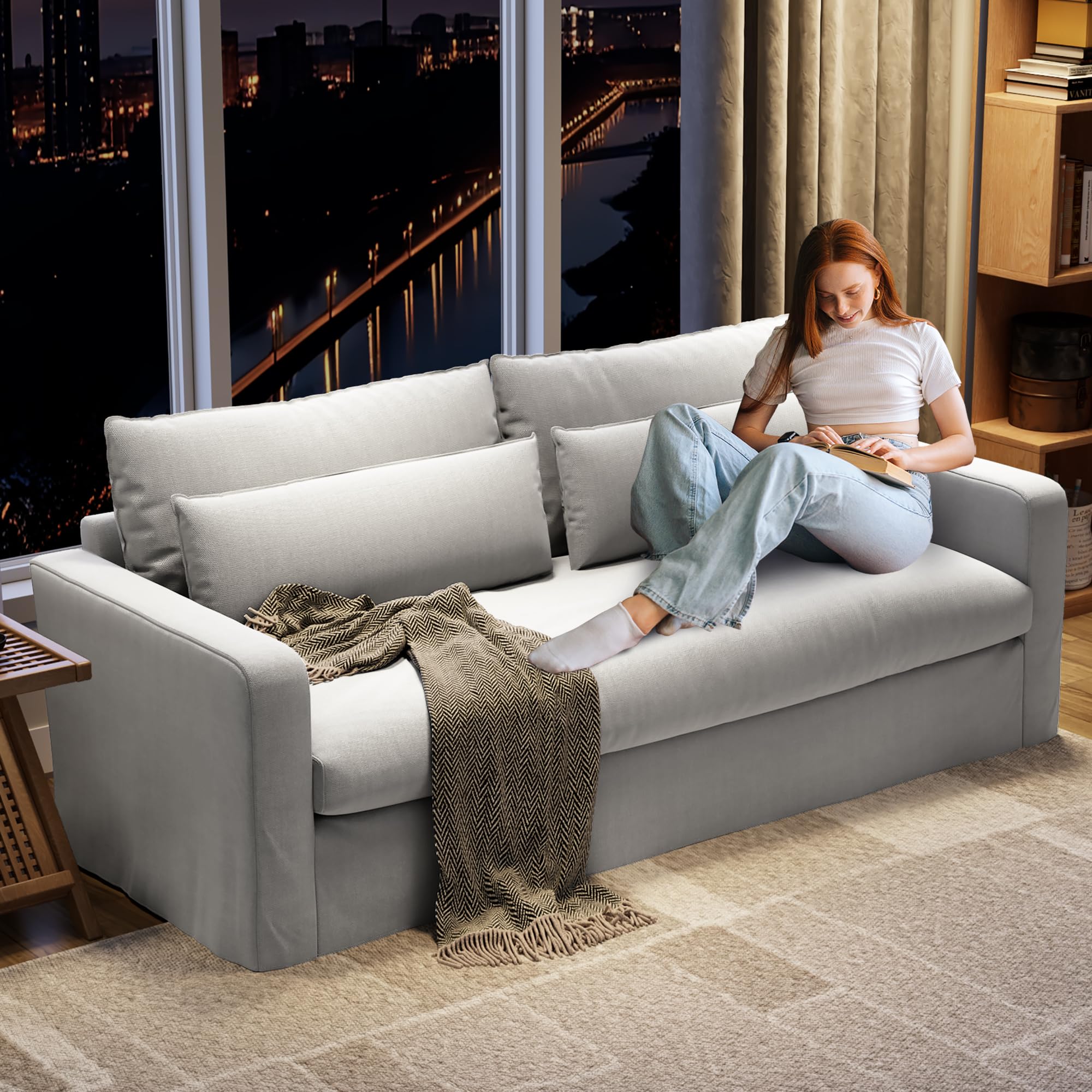 80 Inch Down Sofa Couches for Living Room Linen Fabric 3 Seater Couch